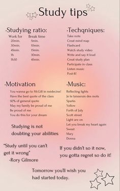 a pink poster with stars on it and the words study tips written in different languages