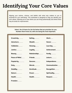 the worksheet for identifying your core value