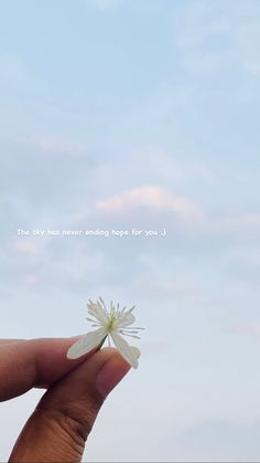 a hand holding a tiny white flower in front of a blue sky with the words, the sky has never ending hopes for you