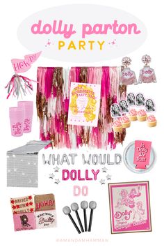 a party poster with pink and gold decorations