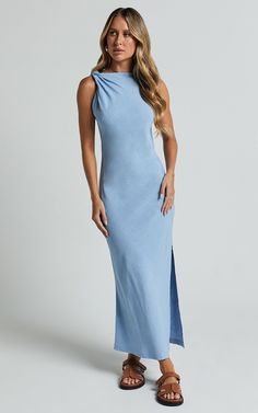 Jessenia Maxi Dress - Linen Look High Neck Dress in Blue | Showpo USA Spring High-neck Dress With Side Slits, Spring High Neck Dress With Side Slits, Blue High Neck Maxi Dress For Summer, Spring High Neck Maxi Dress With Side Slits, Light Blue Fitted Sleeveless Dress, Elegant Light Blue Fitted Sleeveless Dress, Blue High-neck Midi Dress For Summer, Blue High Neck Midi Dress For Summer, High Neck Blue Midi Dress For Summer