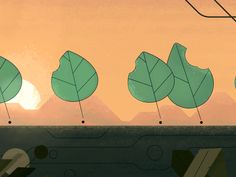 four green leaves are shown in front of the sun and some mountains with trees on them