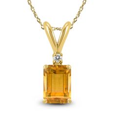 A beautiful 8x6mm emerald shaped citrine and diamond pendant necklace set in a 14K yellow gold basket setting. A single diamond weighs 0.02 carat. The pendant hangs from an 18 inch chain also crafted in 14K yellow gold. Sagittarius And Pisces, Citrine Birthstone, Gold Basket, Yellow Necklace, Basket Setting, Topaz Pendant, Sapphire Pendant, Mens Pendant, Old Jewelry