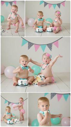 two babies sitting on the floor with cake and balloons in front of them, one is eating