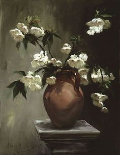 an oil painting of white flowers in a vase on a table with a quote written in arabic