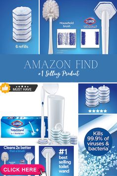 an advertisement for the amazon finder is shown in blue and white, including toothbrushes