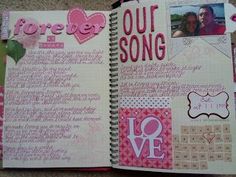 an open notebook with pictures and words on it, including the word love written in pink