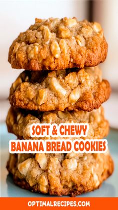 soft and chewy banana bread cookies stacked on top of each other with text overlay