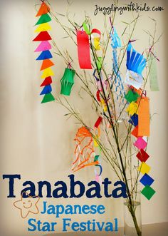 there is a vase with some paper cranes in it and the words tamataa japanese star festival