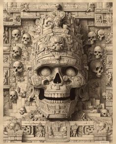 an intricately carved skull with many skulls around it