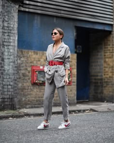 Nike Cortez Outfit, Comfy Work Outfit, Comfy Office, Suits And Sneakers, Work Outfit Inspiration, Career Fashion, Pink Scarf, High Maintenance, Red Belt