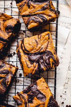 chocolate swirled brownies on a cooling rack