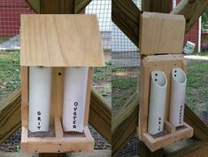 two different shots of the same type of thing in a fenced off area, one is made out of wood and the other has white plastic tubes with writing on them