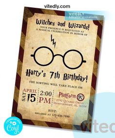 harry potter's birthday party ticket with hogwarts and wizard glasses on it