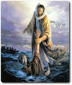 a painting of jesus walking on the water with his hands in his pockets and an inscription below