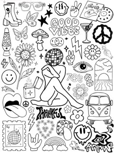 a black and white drawing of various symbols