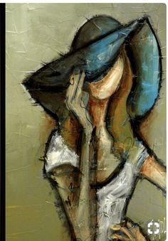 a painting of a woman with a blue hat on her head and hands to her face