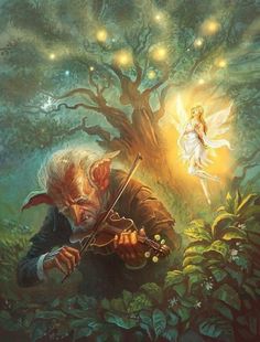 an old man playing the violin in front of a fairy