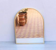 a potted plant sitting on top of a table next to a mirror