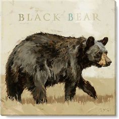 a painting of a black bear walking across a field with the words black bear on it