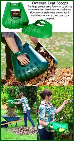 a woman is shoveling leaves in her garden with a green watering hose and an over sized leaf scooper