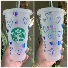 two pictures of a starbucks cup with hearts on it