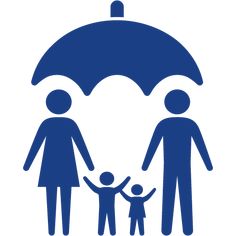 a family under an umbrella with the child holding their hands in front of them, while the adult holds the child's hand