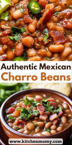 three different types of bean soup with the words authentic mexican charro beans on top