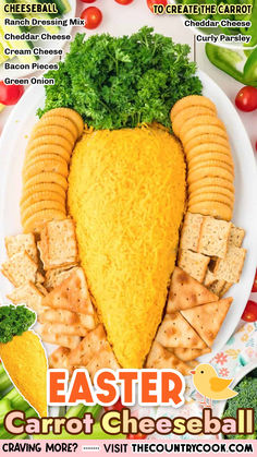 a plate with crackers, cheese and vegetables on it that says easter carrot cheeseball