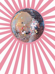 a disco ball is in the middle of a pink and white background