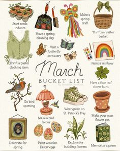 the march bucket list is shown with pictures and other things to put in it's basket