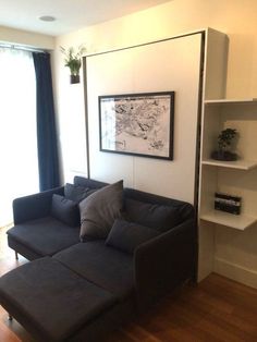 a living room with a couch and book shelf