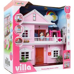 a pink doll house with two dolls in it's windows and balconys on the second floor