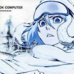 a drawing of a girl with blue hair wearing a white hat and scarf in front of a cityscape