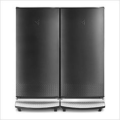 two black refrigerators sitting side by side on top of a white background with the words,