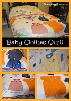 baby clothes are laid out on top of a bed with the words, baby clothes quilt