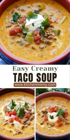 easy creamy taco soup in a red bowl