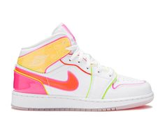 Air Jordan 1 Mid SE GS 'Edge Glow' - Air Jordan - CV4611 100 - white/hyper crimson/pink blast | Flight Club Jordan 1 Mid Edge Glow, Pink Jordans, Nike Shoes Air Force, Preppy Shoes, All Nike Shoes, Flight Club, Youth Shoes, Cute Nike Shoes, Air Jordan Sneakers