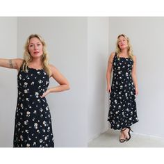 Simple 90s Floral dress in women's size xs to md. Sleeveless style with ankle length skirt. Ties at the back of the waist. Fabric is a dark navy blue rayon with a wildflower print. In excellent vintage condition with no flaws to note. Brand: No Maker Marks Size: None Listed; Recommending a size xs to md (dress is a great style to fit a range of styles depending on desired fit). FOR REFERENCE: I am 5'3" and usually wear a size 2/4 and this was a really nice fit for me with some additional room in 90s Floral Dress, Floral Grunge, Wildflower Print, Market Dress, Ankle Length Skirt, 90s Floral, Casual Day Dresses, Dark Navy Blue, Day Dress