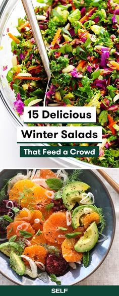 three different salads with the words 15 delicious winter salads that feed a crowd