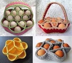 four different baskets with eggs in them, one is crocheted and the other has an ornament