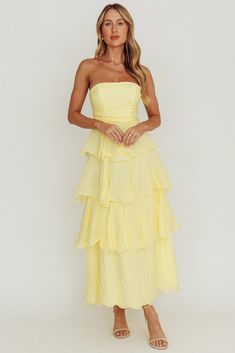 Giavana Strapless Layered Ruffles Midi Dress Lemon Yellow Ruffled Dress, Homecoming Midi Dress, Yellow Tiered Dress, Layered Bridesmaid Dress, Pastel Ruffle Dress, Yellow Bridesmaid Dresses Mismatched, Tiered Bridesmaid Dress, Pale Yellow Bridesmaid Dresses, Layer Midi Dress