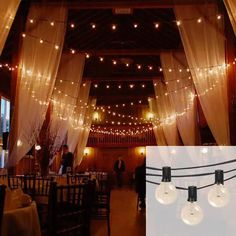 the inside of a restaurant with lights strung from the ceiling