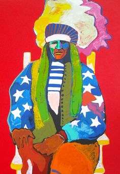 a painting of a person sitting on a chair with an american flag hat and scarf