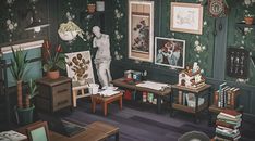 a living room filled with lots of furniture and paintings on the wall next to a desk