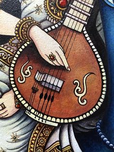 a painting of a woman holding a guitar in her right hand and the other hand on top of it