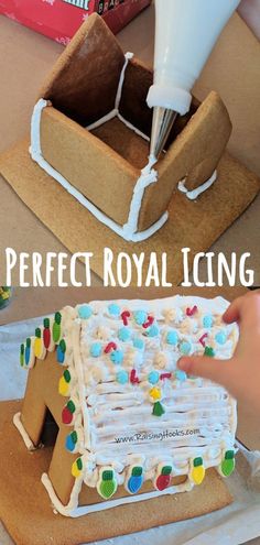 a gingerbread house being decorated with icing and sprinkles for the perfect royal icing