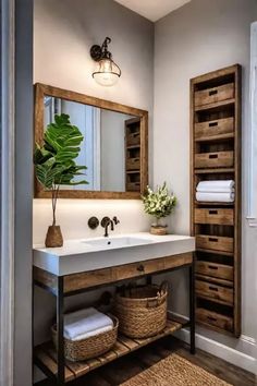 a bathroom with a sink, mirror and wooden shelves