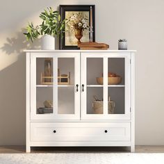 a white cabinet with glass doors and plants on top