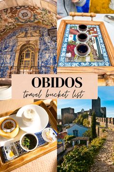 images shows 4 pictures taken in obidos portugal. Porta da vila is image 1, image 2 is Ginja de obidos, couvert is image 3 and the 4th image is the walk along the Obidos Castle. Links to obidos portugal post on 2 traveling the world. Lisbon To Porto Road Trip, Portugal In November, Portugal Obidos, Portugal Places To Visit, Fairytale Village, Day Trips From Porto, Obidos Portugal